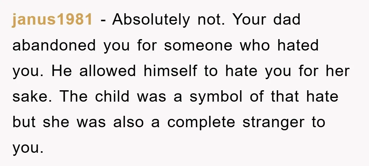 janus1981 − Absolutely not. Your dad abandoned you for someone who hated you. He allowed himself to hate you for her sake. The child was a symbol of that hate...