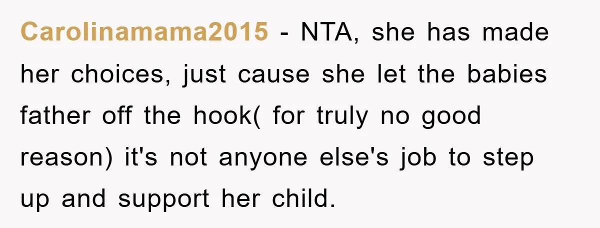 Carolinamama2015 − NTA, she has made her choices, just cause she let the babies father off the hook( for truly no good reason) it's not anyone else's job to step...
