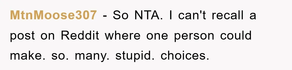 MtnMoose307 − So NTA. I can't recall a post on Reddit where one person could make. so. many. stupid. choices.