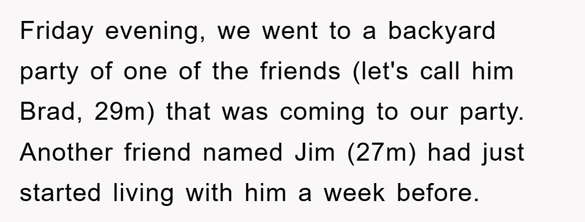 Friday evening, we went to a backyard party of one of the friends (let's call him Brad, 29m) that was coming to our party. Another friend named Jim (27m) had...