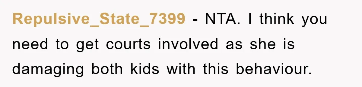 Repulsive_State_7399 − NTA. I think you need to get courts involved as she is damaging both kids with this behaviour.