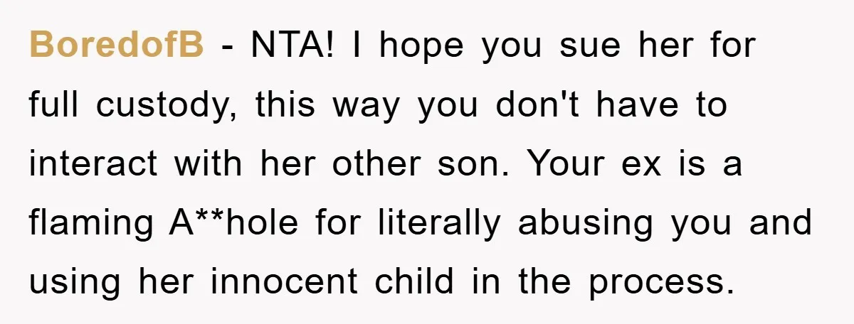 BoredofB − NTA! I hope you sue her for full custody, this way you don't have to interact with her other son. Your ex is a flaming A**hole for literally...