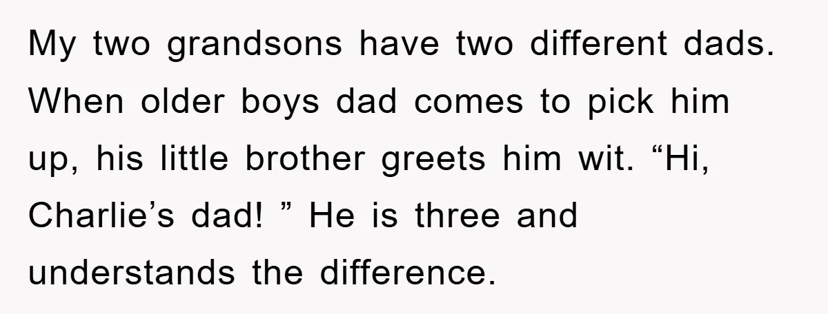 My two grandsons have two different dads. When older boys dad comes to pick him up, his little brother greets him wit. “Hi, Charlie’s dad! ” He is three and...