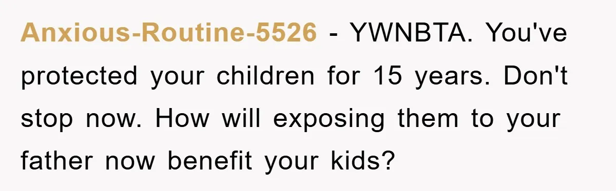 Anxious-Routine-5526 − YWNBTA. You've protected your children for 15 years. Don't stop now. How will exposing them to your father now benefit your kids?