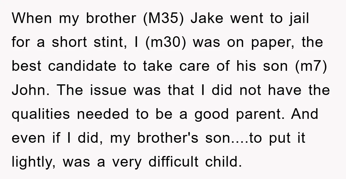 When my brother (M35) Jake went to jail for a short stint, I (m30) was on paper, the best candidate to take care of his son (m7) John. The issue...