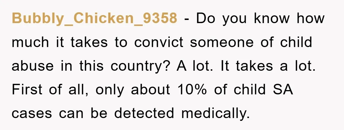Bubbly_Chicken_9358 − Do you know how much it takes to convict someone of child abuse in this country? A lot. It takes a lot. First of all, only about 10%...