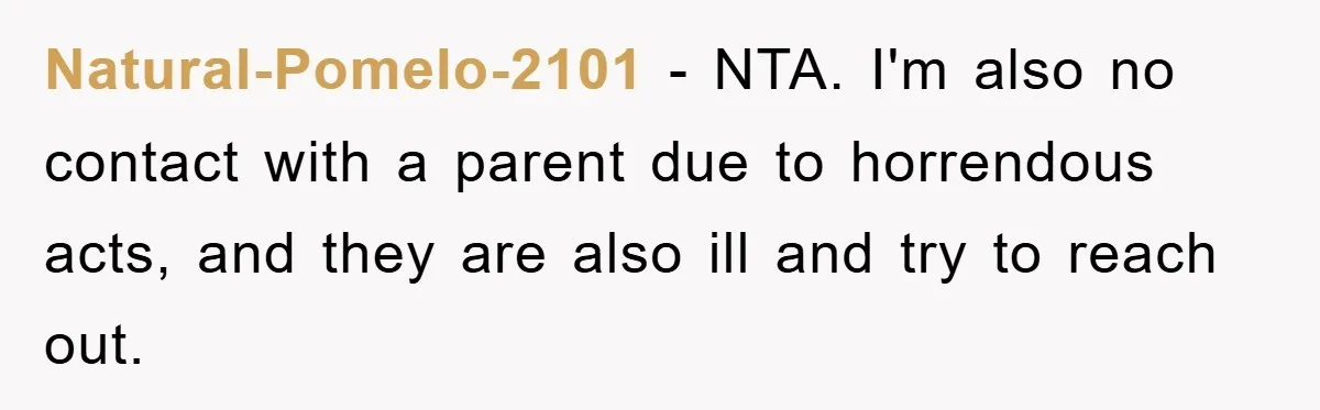Natural-Pomelo-2101 − NTA. I'm also no contact with a parent due to horrendous acts, and they are also ill and try to reach out.