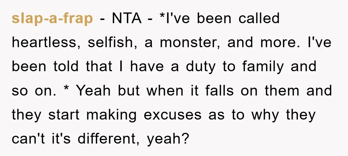 slap-a-frap − NTA - *I've been called heartless, selfish, a monster, and more. I've been told that I have a duty to family and so on. * Yeah but when...