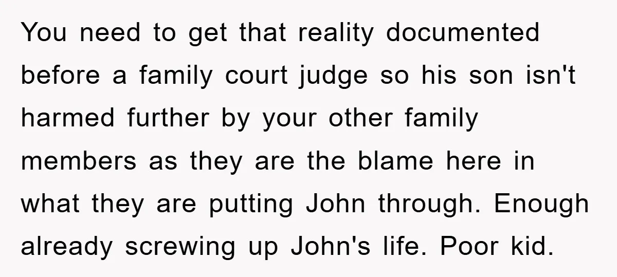 You need to get that reality documented before a family court judge so his son isn't harmed further by your other family members as they are the blame here in...