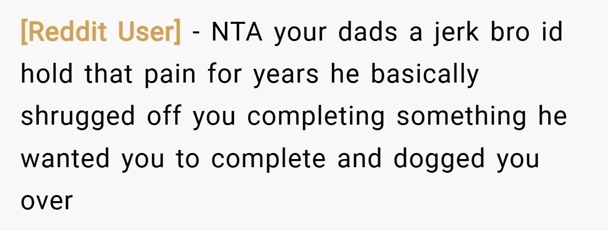 [Reddit User] − NTA your dads a jerk bro id hold that pain for years he basically shrugged off you completing something he wanted you to complete and dogged you...