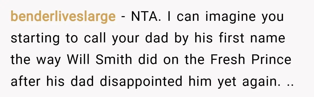 benderliveslarge − NTA. I can imagine you starting to call your dad by his first name the way Will Smith did on the Fresh Prince after his dad disappointed him...