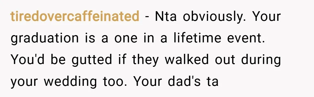 tiredovercaffeinated − Nta obviously. Your graduation is a one in a lifetime event. You'd be gutted if they walked out during your wedding too. Your dad's ta