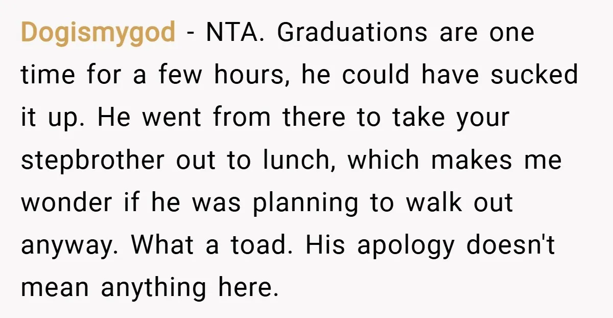 Dogismygod − NTA. Graduations are one time for a few hours, he could have sucked it up. He went from there to take your stepbrother out to lunch, which makes...