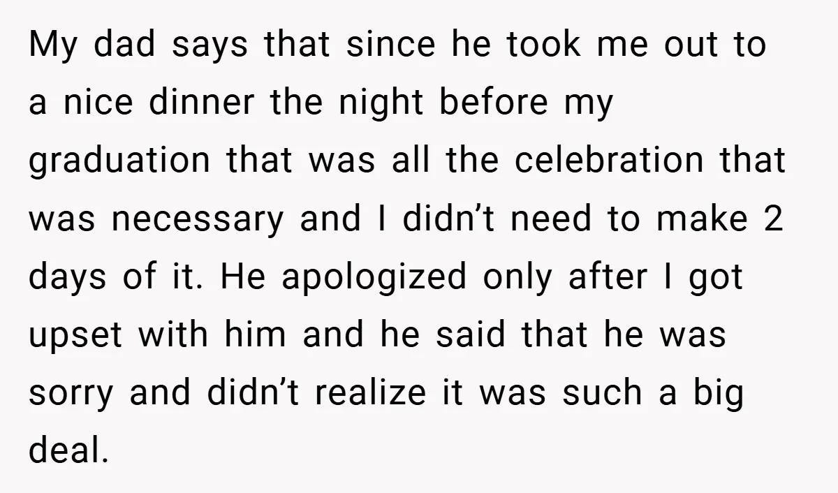 My dad says that since he took me out to a nice dinner the night before my graduation that was all the celebration that was necessary and I didn’t need...