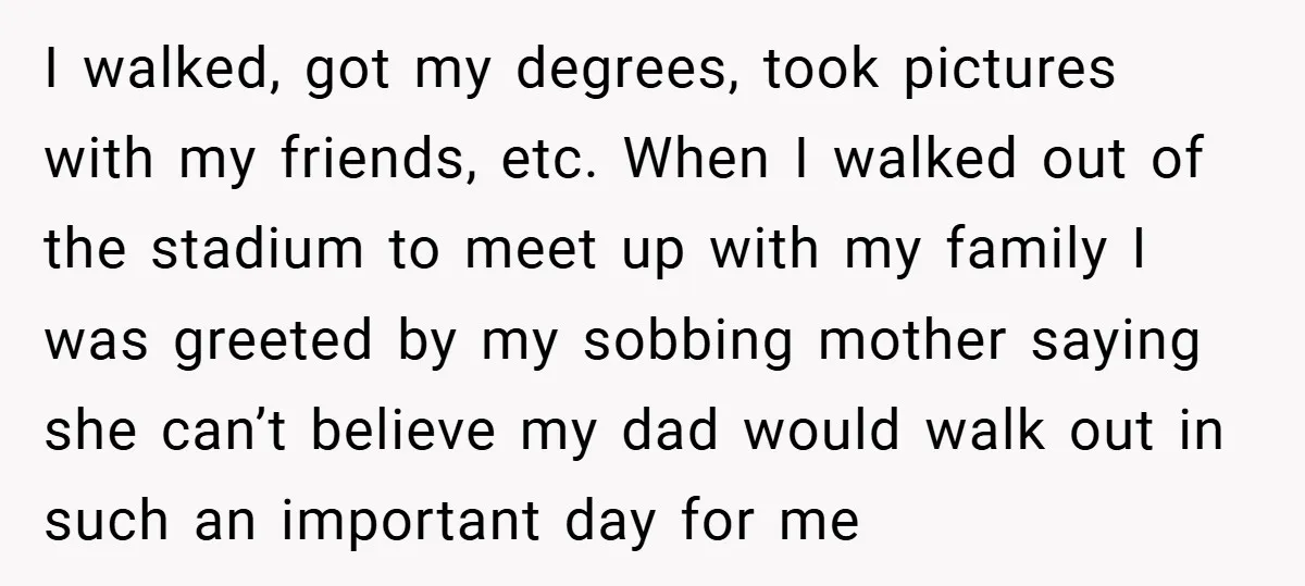 I walked, got my degrees, took pictures with my friends, etc. When I walked out of the stadium to meet up with my family I was greeted by my sobbing...