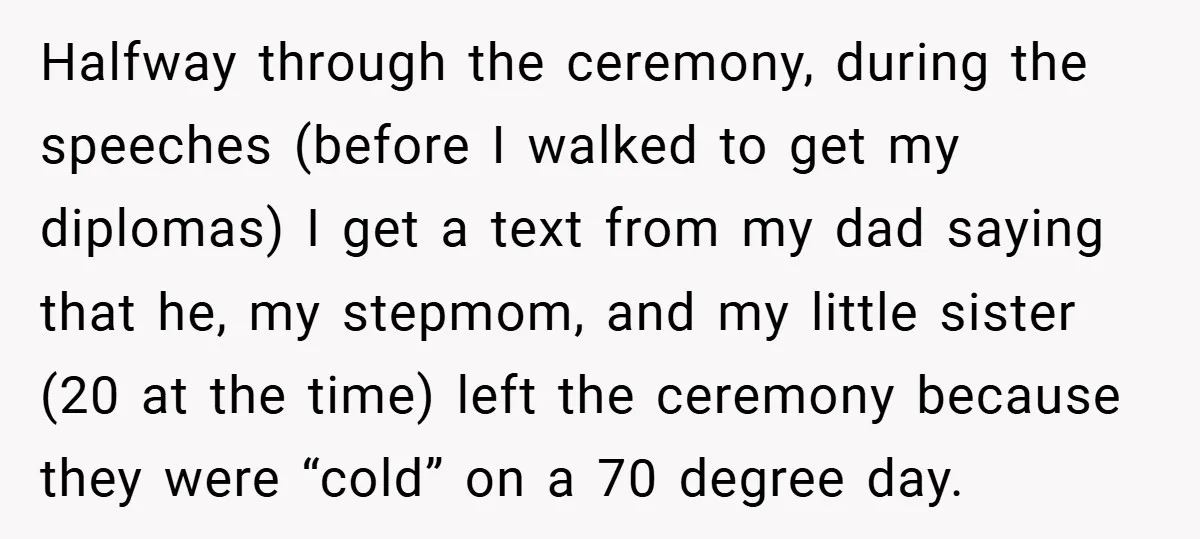Halfway through the ceremony, during the speeches (before I walked to get my diplomas) I get a text from my dad saying that he, my stepmom, and my little sister...