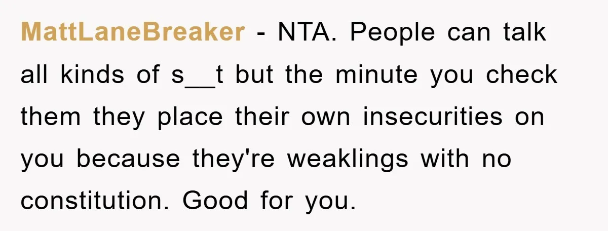 MattLaneBreaker − NTA. People can talk all kinds of s__t but the minute you check them they place their own insecurities on you because they're weaklings with no constitution. Good...
