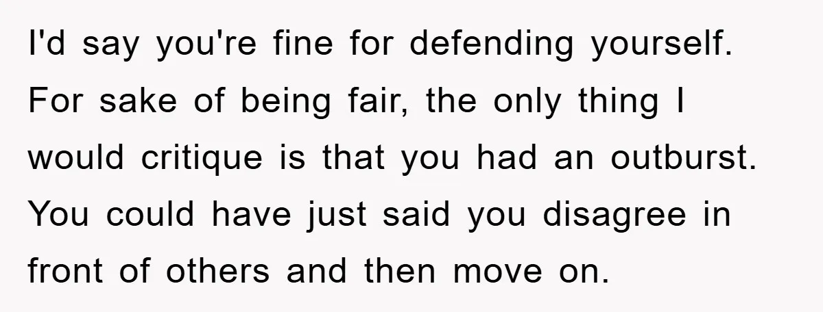 I'd say you're fine for defending yourself. For sake of being fair, the only thing I would critique is that you had an outburst. You could have just said you...
