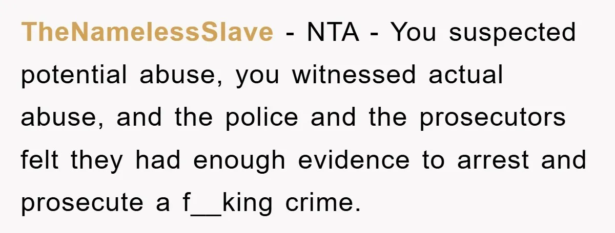 TheNamelessSlave - NTA - You suspected potential abuse, you witnessed actual abuse, and the police and the prosecutors felt they had enough evidence to arrest and prosecute a f__king crime.