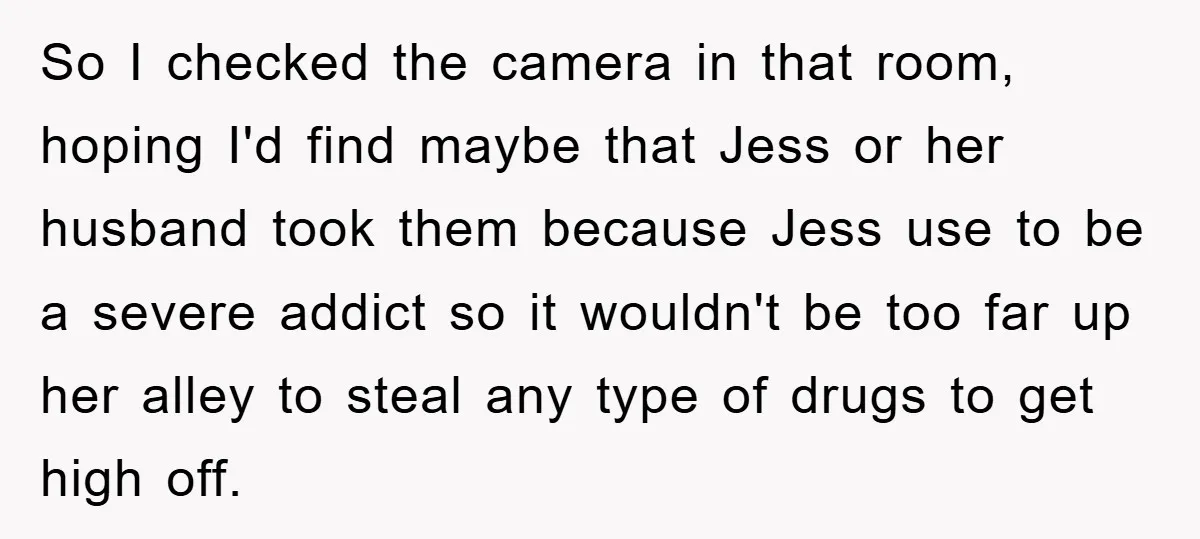 So I checked the camera in that room, hoping I'd find maybe that Jess or her husband took them because Jess use to be a severe addict so it wouldn't...