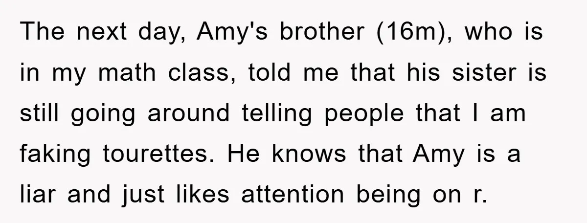 The next day, Amy's brother (16m), who is in my math class, told me that his sister is still going around telling people that I am faking tourettes. He knows...