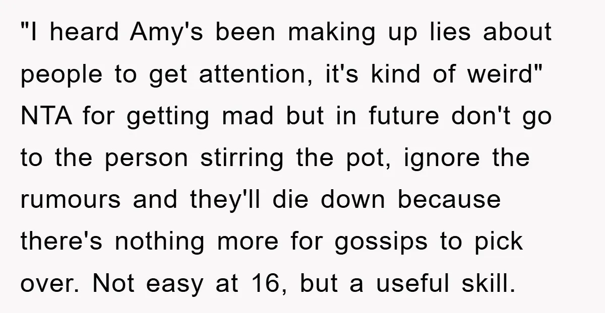 "I heard Amy's been making up lies about people to get attention, it's kind of weird" NTA for getting mad but in future don't go to the person stirring the...