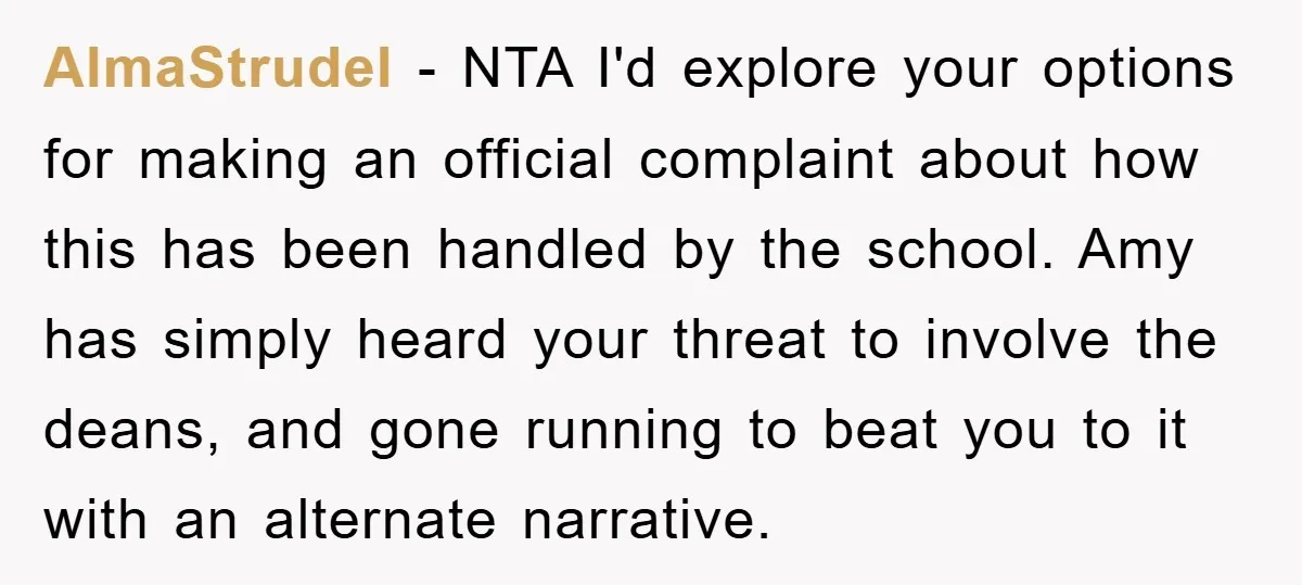 AlmaStrudel − NTA I'd explore your options for making an official complaint about how this has been handled by the school. Amy has simply heard your threat to involve the...