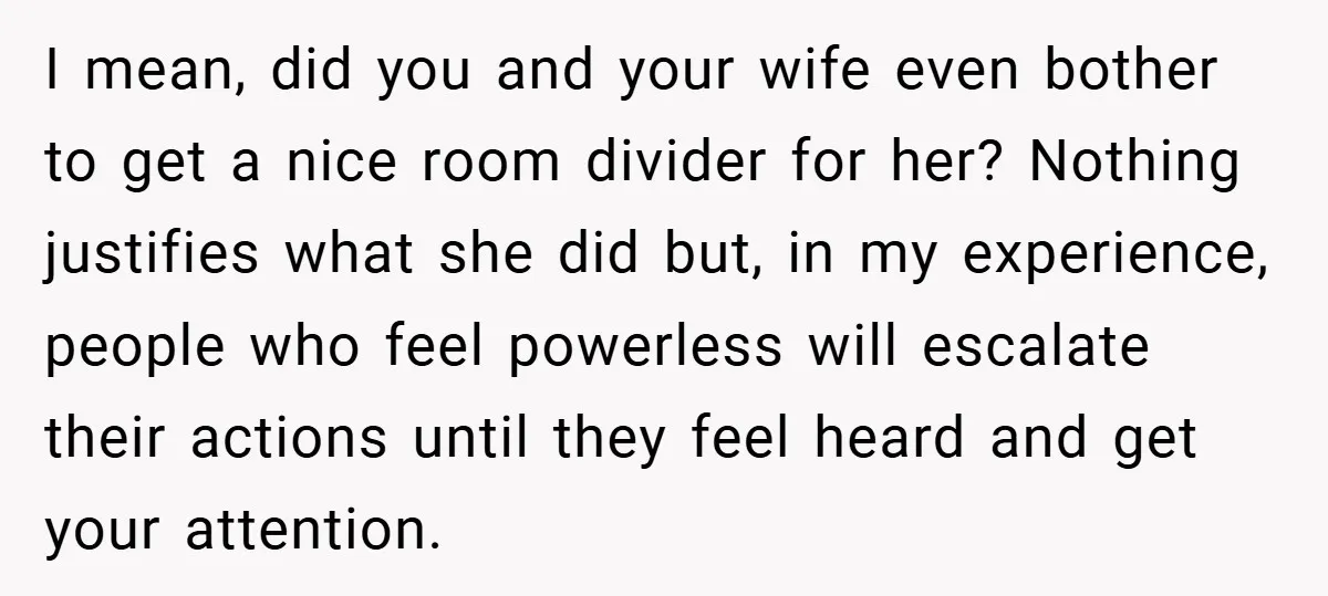 I mean, did you and your wife even bother to get a nice room divider for her? Nothing justifies what she did but, in my experience, people who feel powerless...