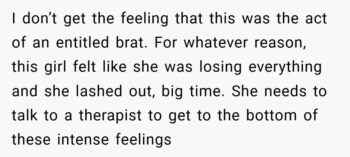 I don’t get the feeling that this was the act of an entitled brat. For whatever reason, this girl felt like she was losing everything and she lashed out, big...