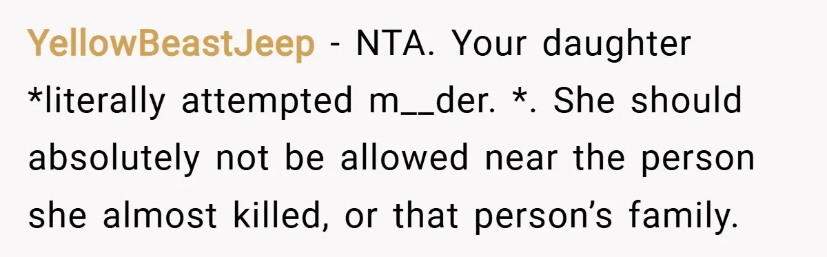 YellowBeastJeep − NTA. Your daughter *literally attempted m__der. *. She should absolutely not be allowed near the person she almost killed, or that person’s family.