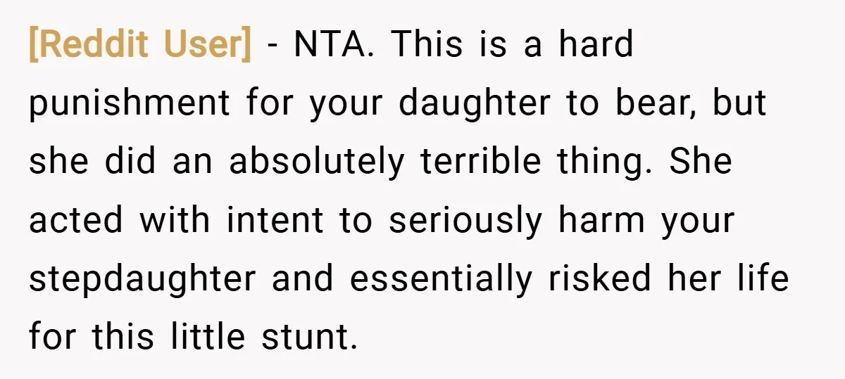 [Reddit User] − NTA. This is a hard punishment for your daughter to bear, but she did an absolutely terrible thing. She acted with intent to seriously harm your stepdaughter...