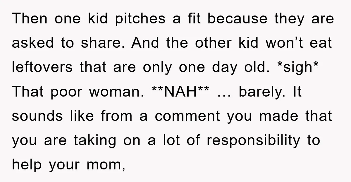 Then one kid pitches a fit because they are asked to share. And the other kid won’t eat leftovers that are only one day old. *sigh* That poor woman. **NAH**...