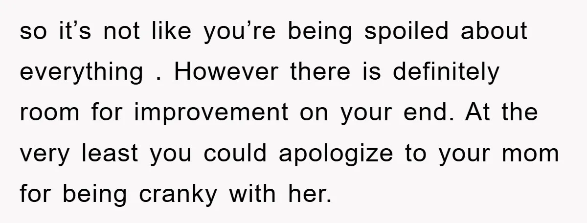 so it’s not like you’re being spoiled about everything . However there is definitely room for improvement on your end. At the very least you could apologize to your mom...