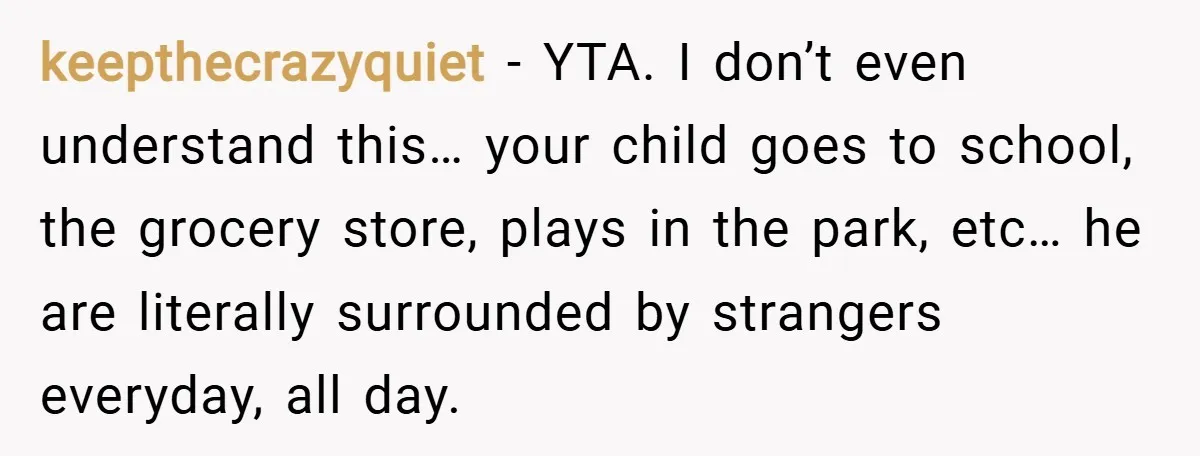keepthecrazyquiet − YTA. I don’t even understand this… your child goes to school, the grocery store, plays in the park, etc… he are literally surrounded by strangers everyday, all day.
