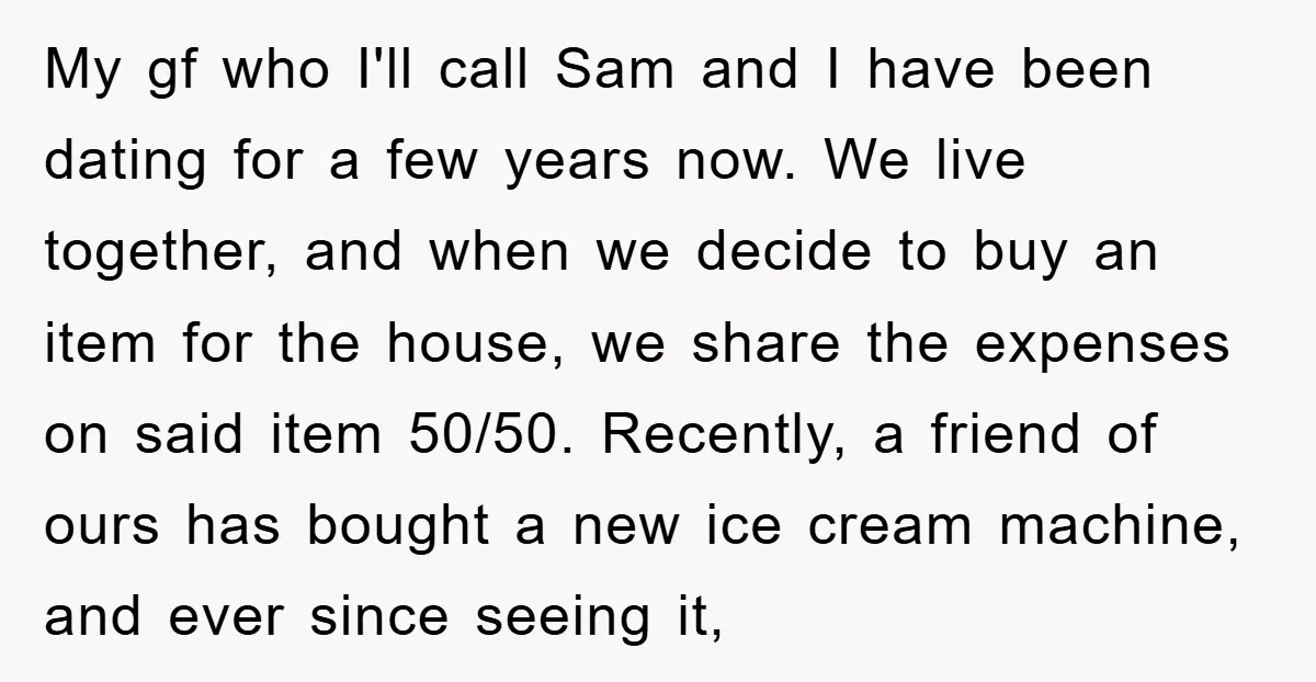 My gf who I'll call Sam and I have been dating for a few years now. We live together, and when we decide to buy an item for the house,...