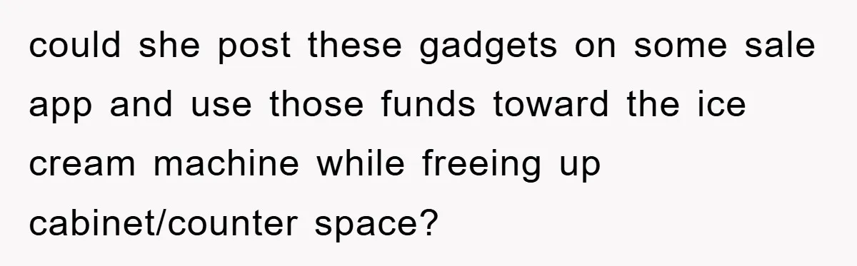 could she post these gadgets on some sale app and use those funds toward the ice cream machine while freeing up cabinet/counter space?