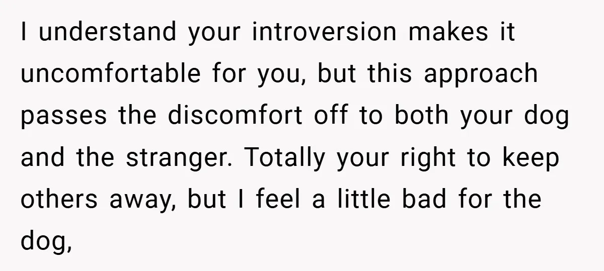I understand your introversion makes it uncomfortable for you, but this approach passes the discomfort off to both your dog and the stranger. Totally your right to keep others away,...