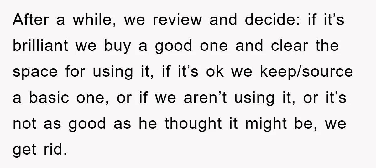 After a while, we review and decide: if it’s brilliant we buy a good one and clear the space for using it, if it’s ok we keep/source a basic one,...