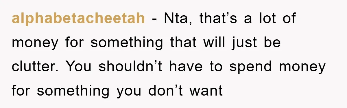 alphabetacheetah − Nta, that’s a lot of money for something that will just be clutter. You shouldn’t have to spend money for something you don’t want