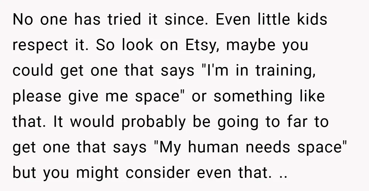 No one has tried it since. Even little kids respect it. So look on Etsy, maybe you could get one that says "I'm in training, please give me space" or...