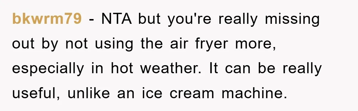 bkwrm79 − NTA but you're really missing out by not using the air fryer more, especially in hot weather. It can be really useful, unlike an ice cream machine.