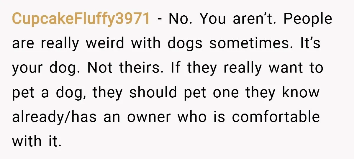 CupcakeFluffy3971 − No. You aren’t. People are really weird with dogs sometimes. It’s your dog. Not theirs. If they really want to pet a dog, they should pet one they...