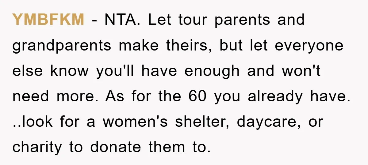 YMBFKM − NTA. Let tour parents and grandparents make theirs, but let everyone else know you'll have enough and won't need more. As for the 60 you already have. ..look...