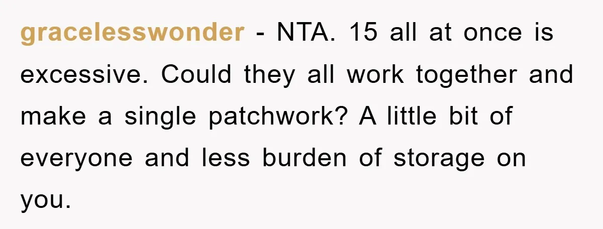 gracelesswonder − NTA. 15 all at once is excessive. Could they all work together and make a single patchwork? A little bit of everyone and less burden of storage on...