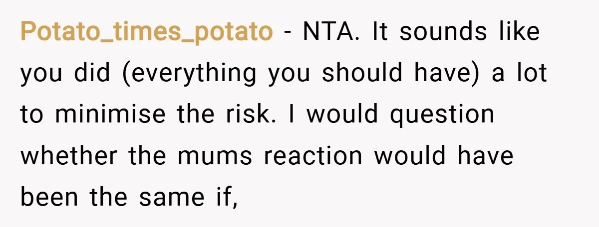 Potato_times_potato − NTA. It sounds like you did (everything you should have) a lot to minimise the risk. I would question whether the mums reaction would have been the same...