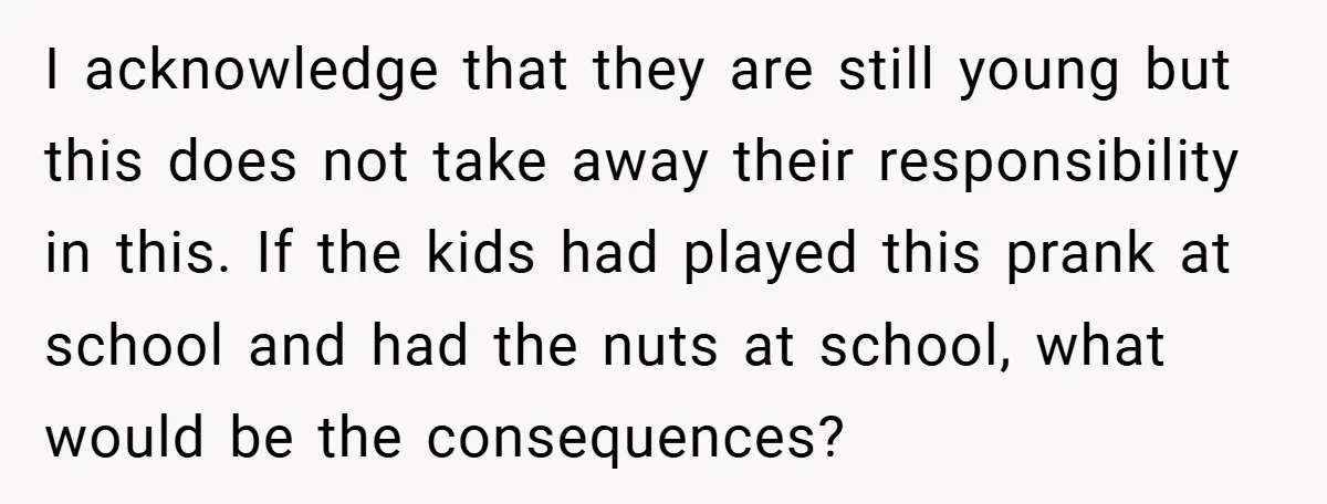 I acknowledge that they are still young but this does not take away their responsibility in this. If the kids had played this prank at school and had the nuts...