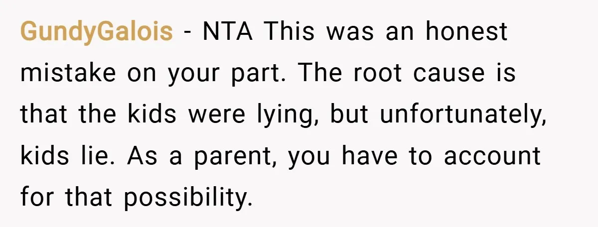 GundyGalois − NTA This was an honest mistake on your part. The root cause is that the kids were lying, but unfortunately, kids lie. As a parent, you have to...
