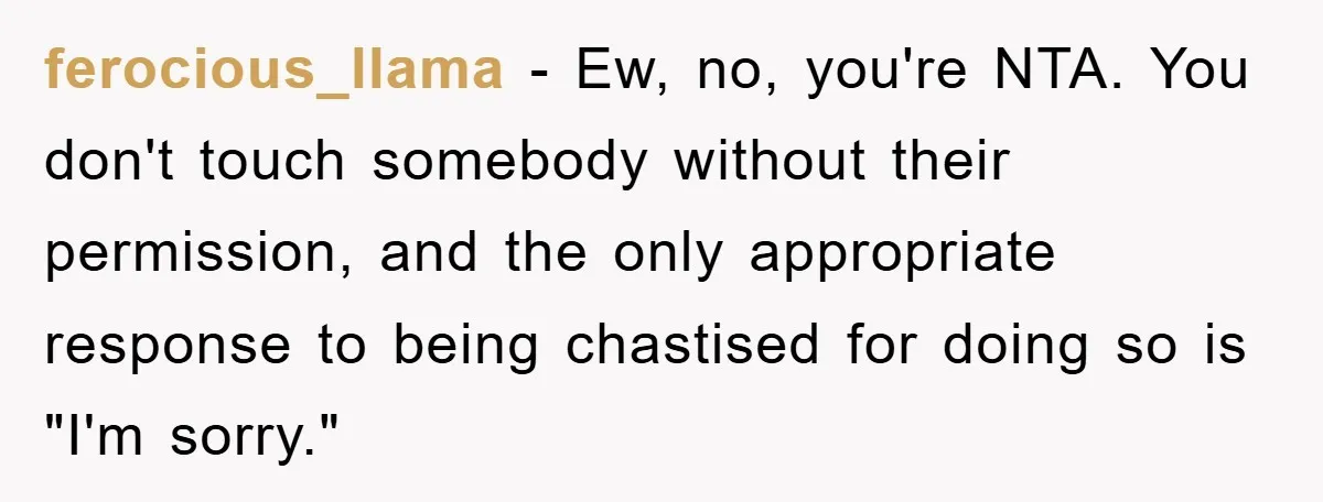 ferocious_llama - Ew, no, you're NTA. You don't touch somebody without their permission, and the only appropriate response to being chastised for doing so is "I'm sorry."