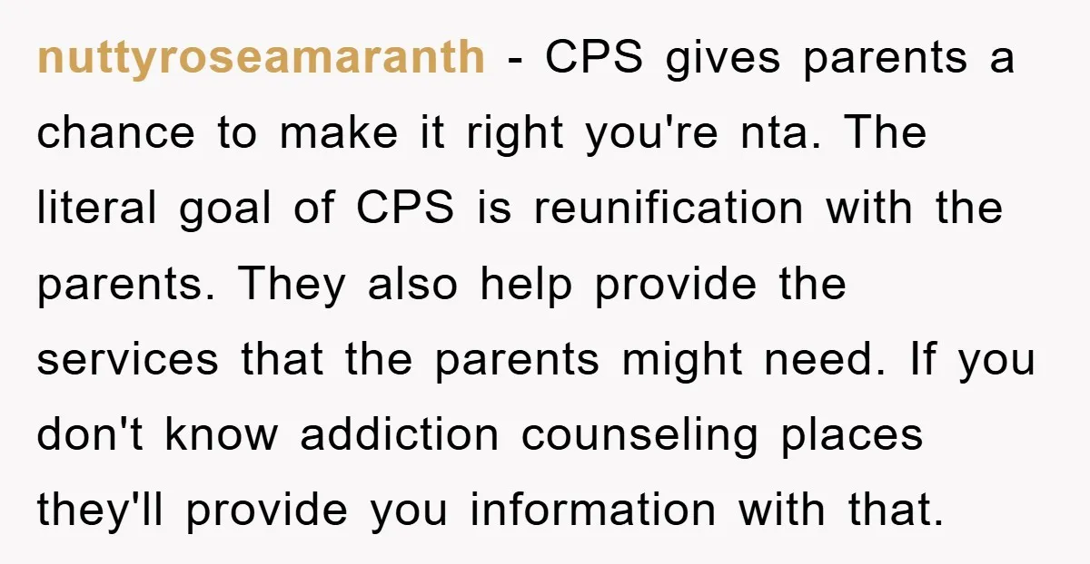 nuttyroseamaranth - CPS gives parents a chance to make it right you're nta. The literal goal of CPS is reunification with the parents. They also help provide the services that...