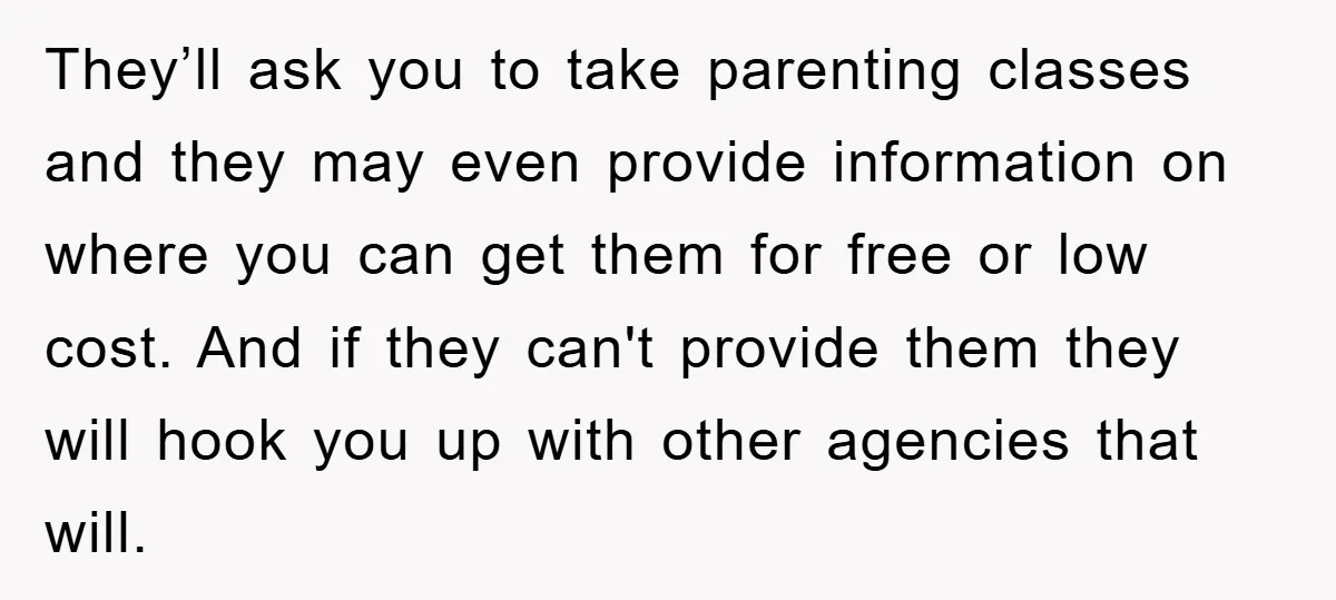 They’ll ask you to take parenting classes and they may even provide information on where you can get them for free or low cost. And if they can't provide them...